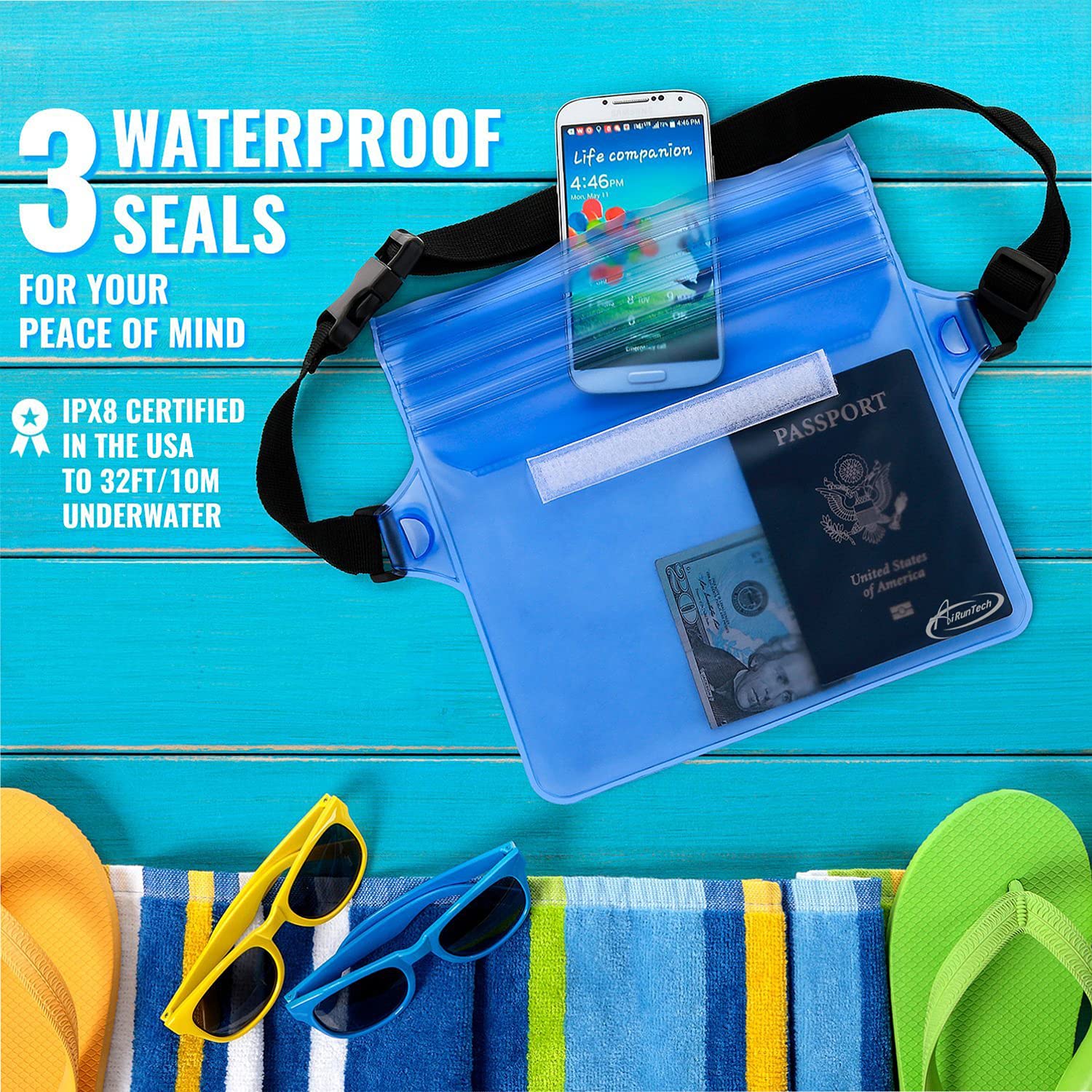 AiRunTech Waterproof Pouch with Waist Strap (2 Pack) - Secure Dry Bag for Phones & Valuables | Beach, Pool, Boating, Swimming, Snorkeling & Kayaking Essentials | Perfect for Outdoor Water Activities & Travel Protection