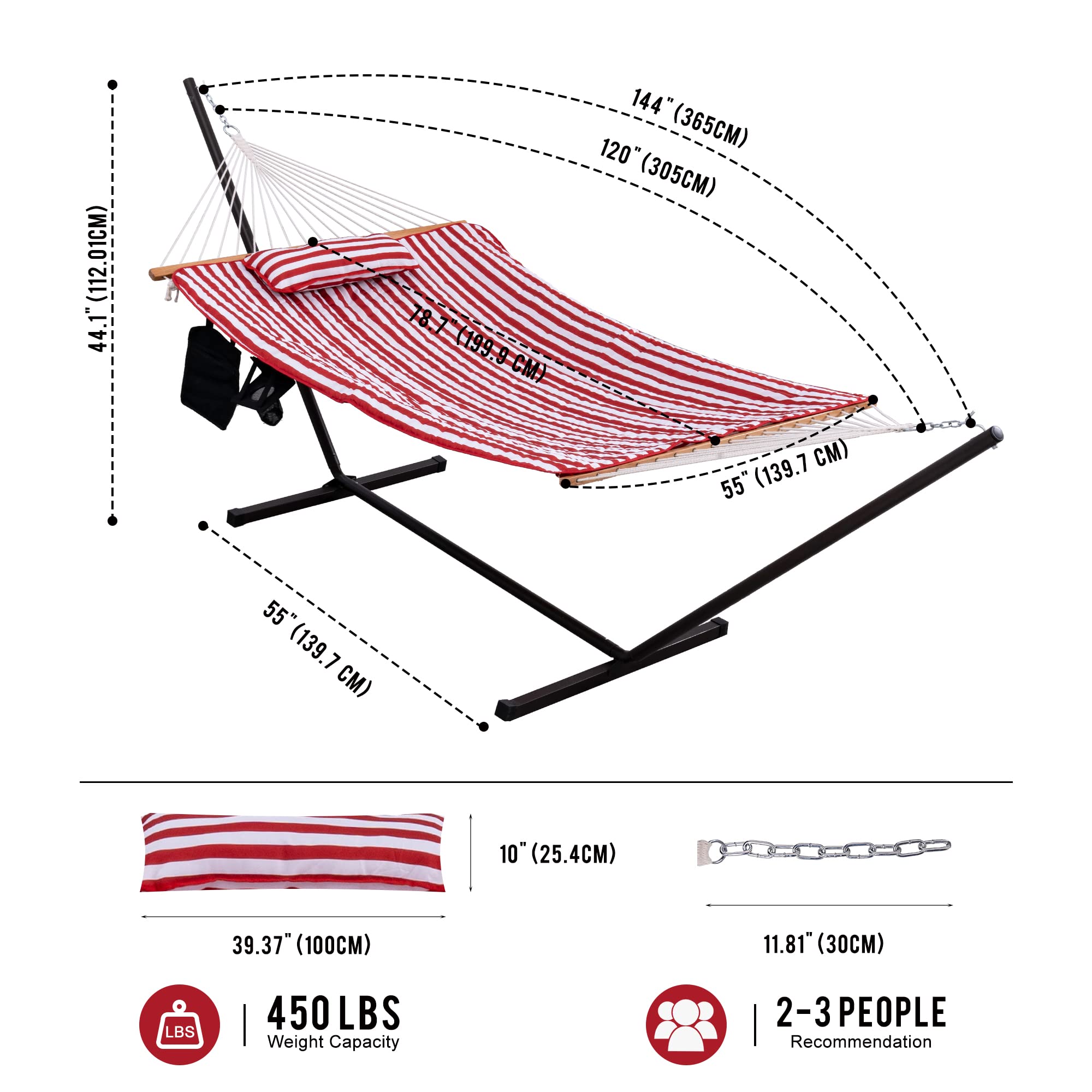 Premium Cotton Rope Hammock with 12FT Steel Stand - Double Hammock with Spreader Bars, Quilted Pad, Detachable Pillow & Cup Holder - Freestanding Outdoor Hammock for Backyard, Patio, Beach & Camping (Red/White Stripes)