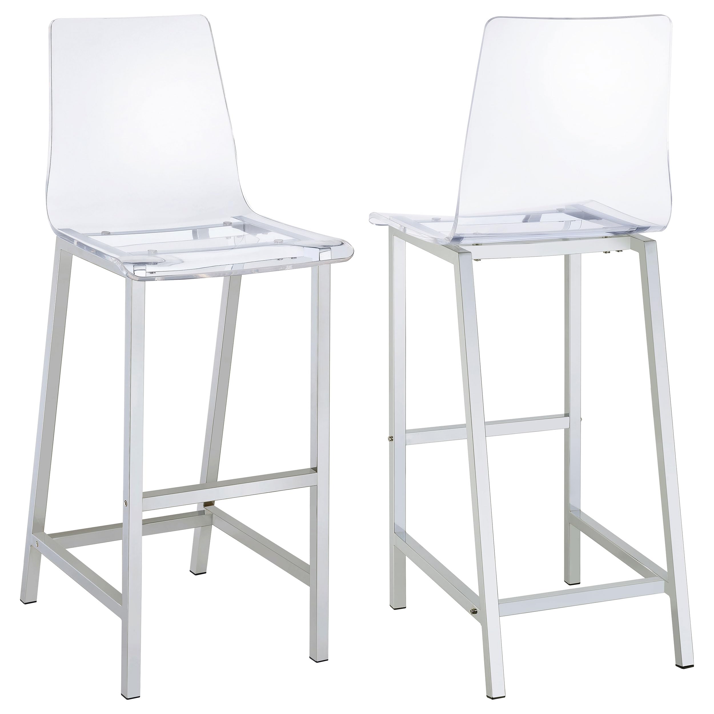 Coaster Home Furnishings Juelia Set of 2 Clear Acrylic Counter Height Bar Stools with Chrome Base & Footrest - 30 Inch Modern Kitchen, Dining & Pub Stools - Perfect for Breakfast Bars, Kitchen Islands & Home Bars