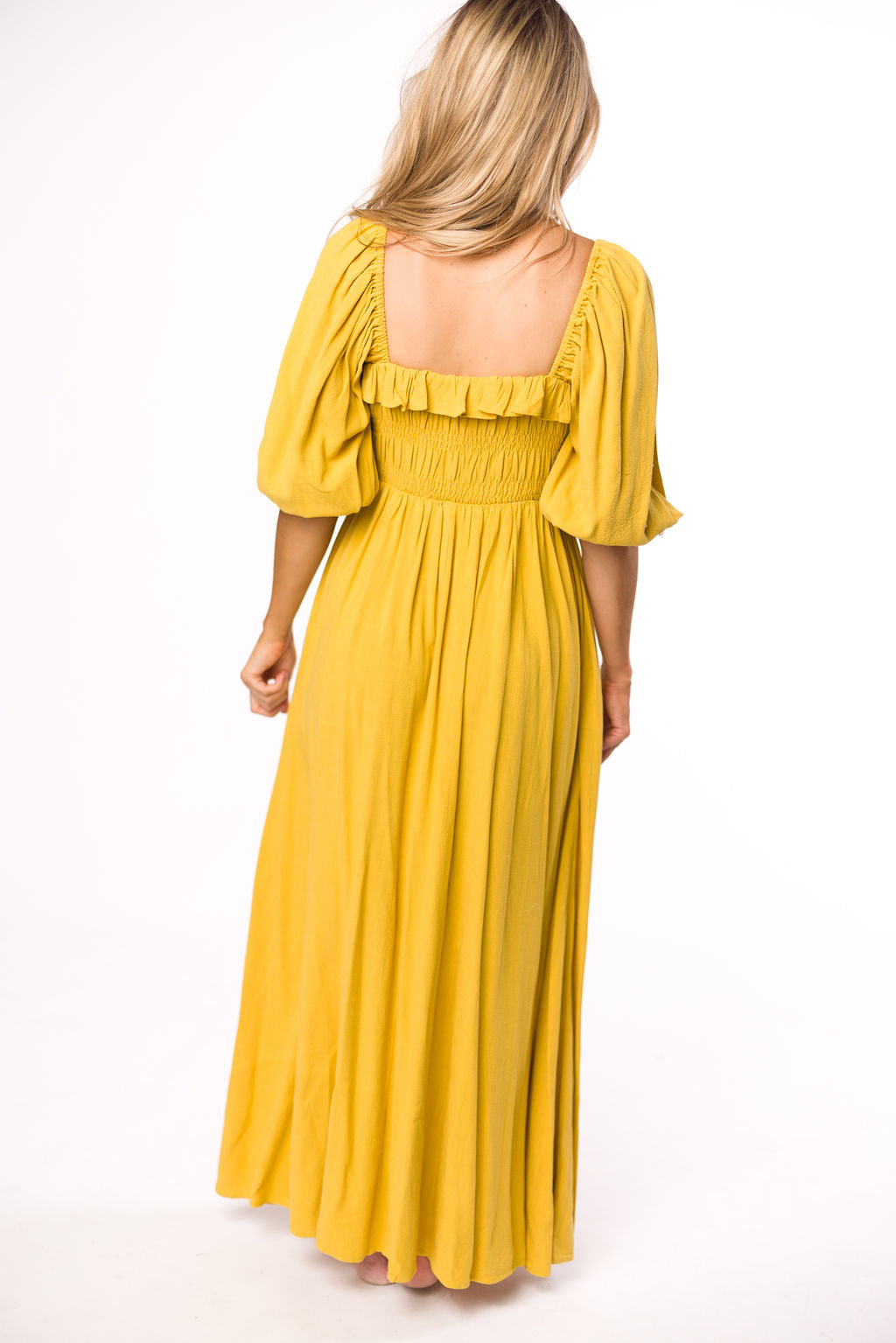 Devon Smocked Maternity Maxi Dress in Mustard Yellow - Bump Friendly Flowy Summer Dress for Pregnancy, Beach & Special Occasions