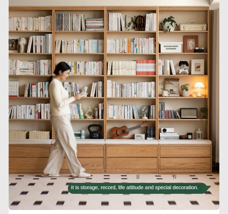 Solid Oak Wood Wall-to-Wall Bookshelf with Built-in Seat - Perfect for Home Library, Study Room & Living Room Storage