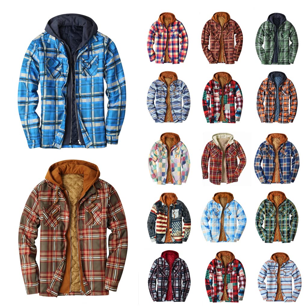 **Men's Plus Size Thermal Quilted Flannel Jacket - Heavyweight Zip-Up Hooded Shirt with Padded Lining | Warm Plaid Coat for Winter Outdoor Activities**