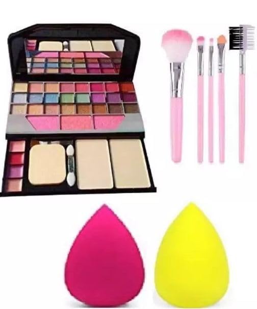 Professional Makeup Eyeshadow Palette Kit with 5 Pcs Brushes & 2 Pc Blender Sponge Set - Vibrant Colors for Day & Night Makeup Looks | Perfect for Parties, Weddings & Everyday Glam