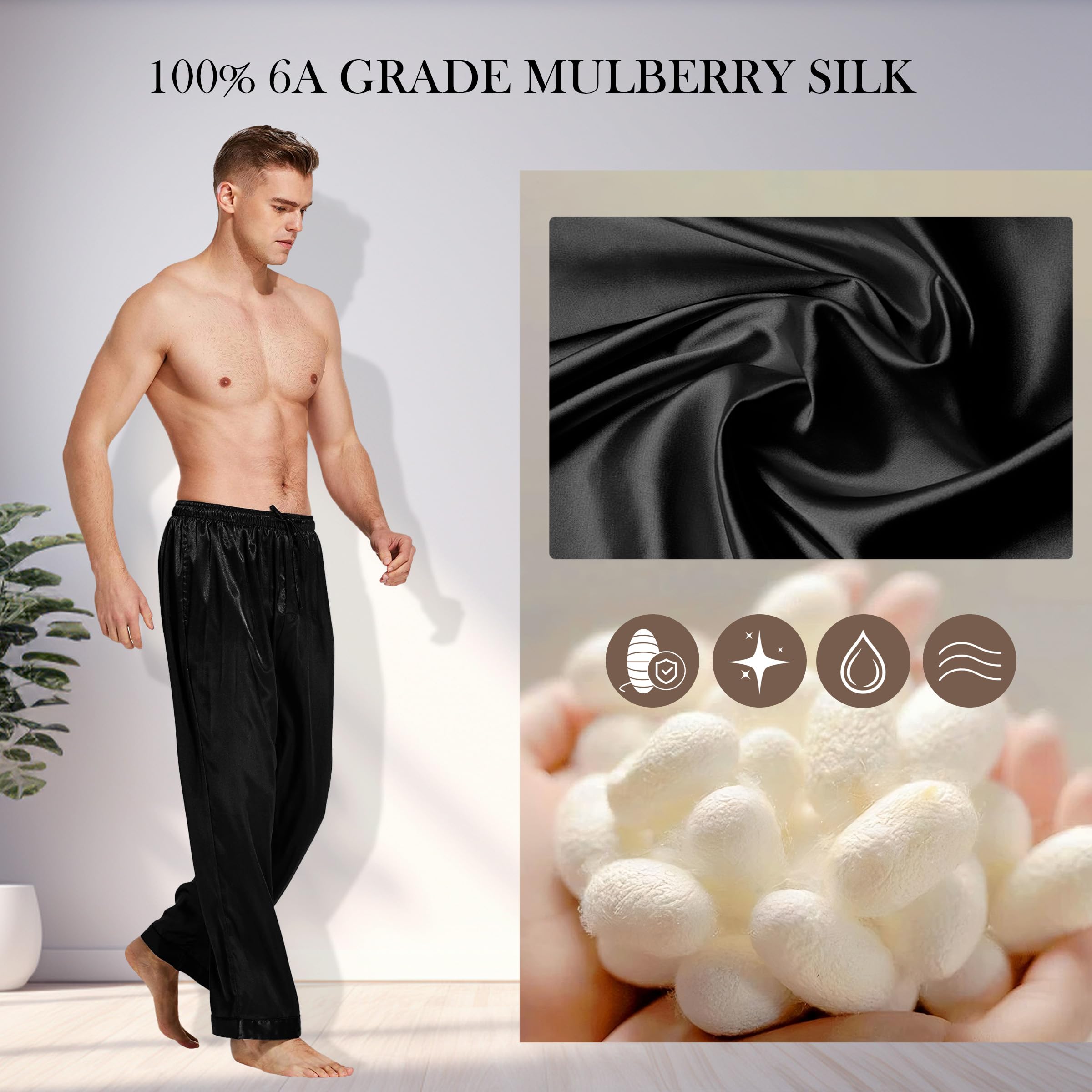 Premium 100% Mulberry Silk Pajama Pants for Men - Luxurious Sleepwear & Lounge Pants for Comfortable Nightwear, Home Relaxation and Gift Giving