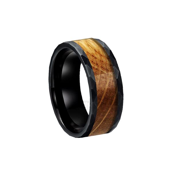 8mm Black Tungsten Whiskey Barrel Ring for Men - Hammered Wedding Band with Bourbon Wood Inlay, Comfort Fit Rustic Anniversary Gift - Perfect for Weddings, Engagements & Bourbon Lovers