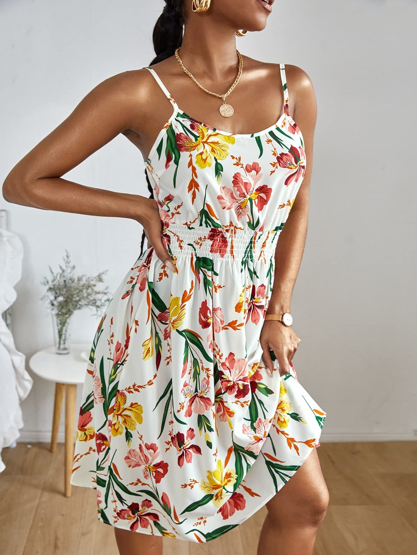 KOLANDA 2022 Women's Floral Print Shirred Cami Mini Dress - Summer Short Sleeve Party & Beach Dress for Women, Perfect for Vacation, Date Night and Casual Outings
