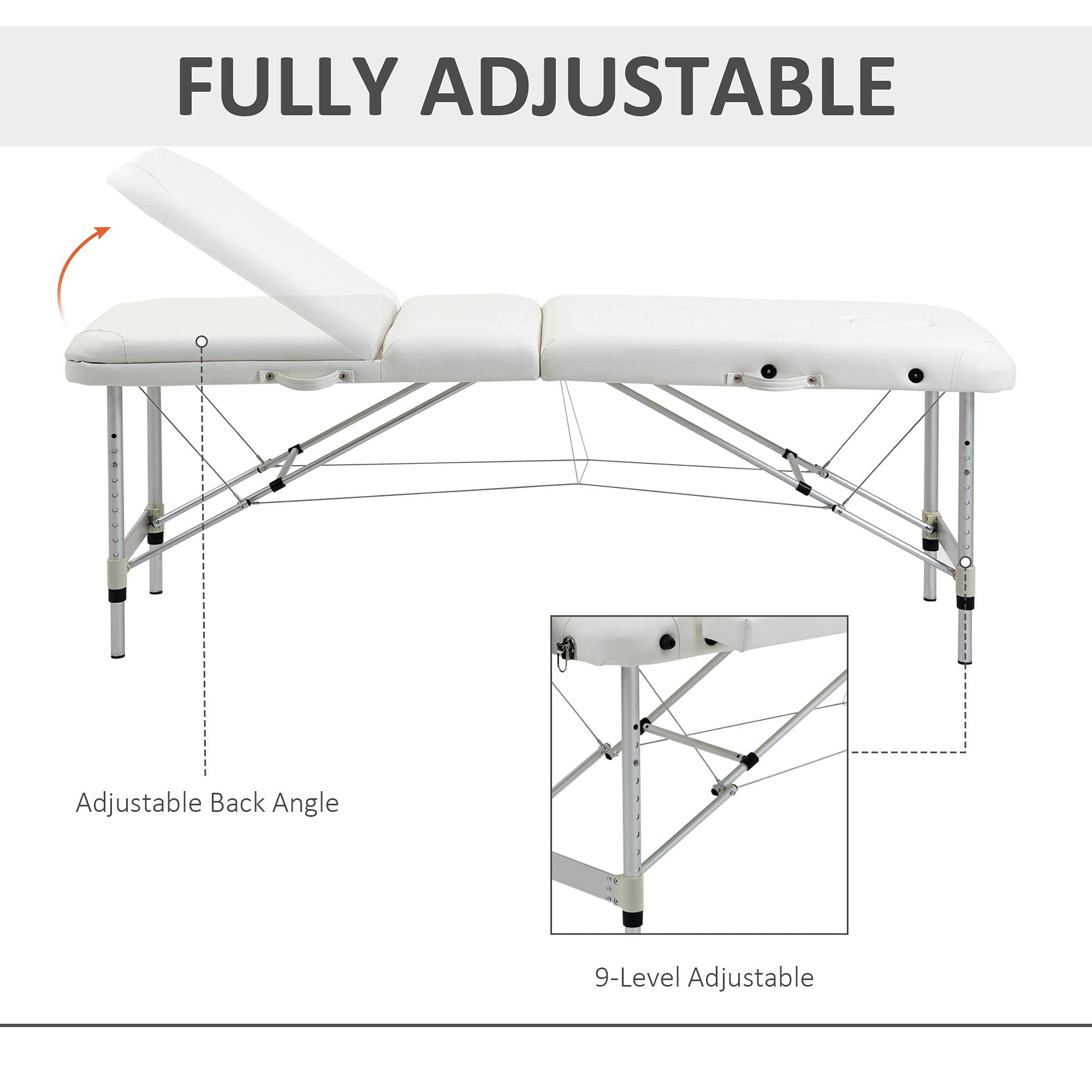 HOMCOM Foldable Massage Table - Professional Salon SPA Facial Couch Bed with Carrying Case, Adjustable Height, White - Perfect for Massage Therapists, Home Spa, and Beauty Salons