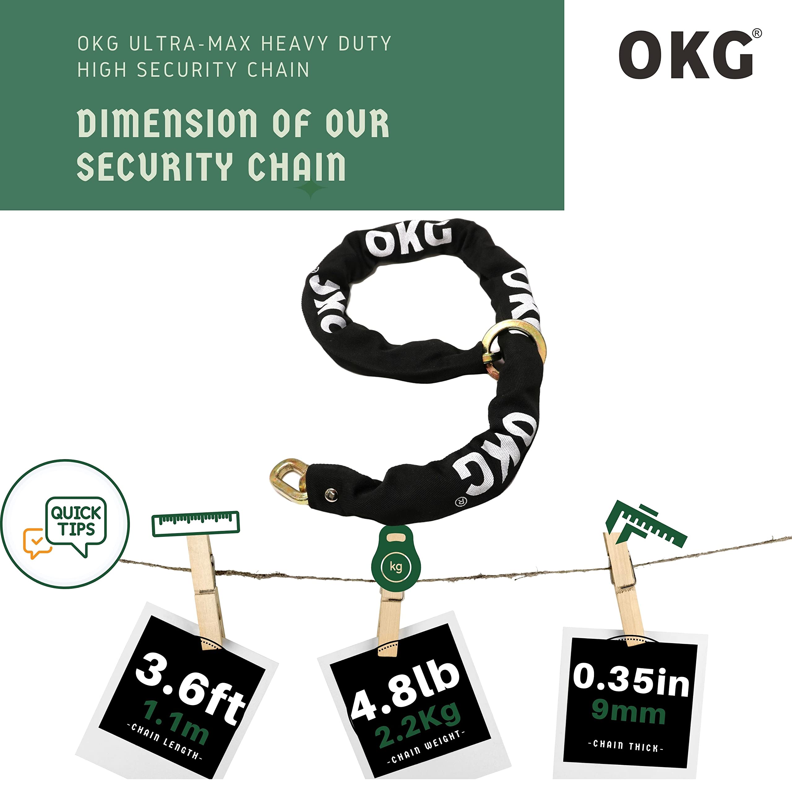 OKG 3.6ft Heavy Duty Security Chain - 9mm Cut Proof Hardened Alloy Steel - Premium Anti-Theft Lock Chain for Garage, E-Bike, Motorcycle, Fence Gate - Ideal for Outdoor Equipment Protection & High Security Needs