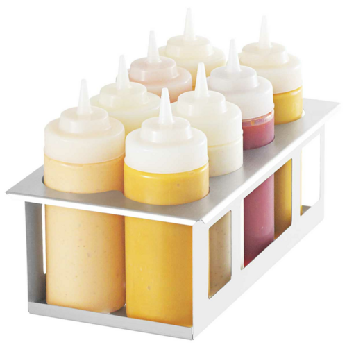 Stainless Steel Squeeze Bottle Holder for 1/3 Size Servers - Includes 8 x 16 Oz Bottles | Perfect for Restaurants, Bars & Commercial Kitchens
