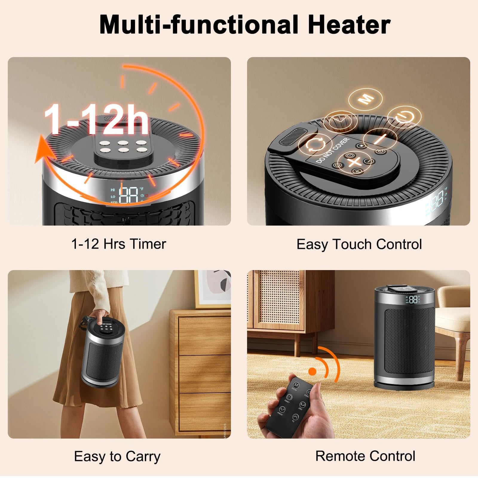 1500W PTC Ceramic Space Heater with Remote - Portable Electric Heater for Indoor Use, 12H Timer, Digital Display, Eco & Fan Modes - Perfect for Office, Bedroom, Tiny Home, Garage & Desk - Fast Heating & Safety Features for Winter Comfort