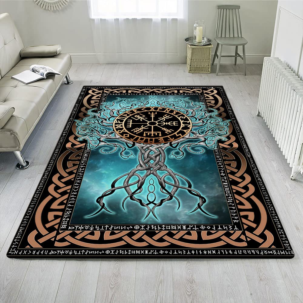 GEEMBI 5x8 Tree of Life Norse Viking Blue Area Rug - Soft Living Room Rug, Bedroom & Dining Room Decor - Perfect Gift for Men - Home Aesthetic & Nordic Style Decorating