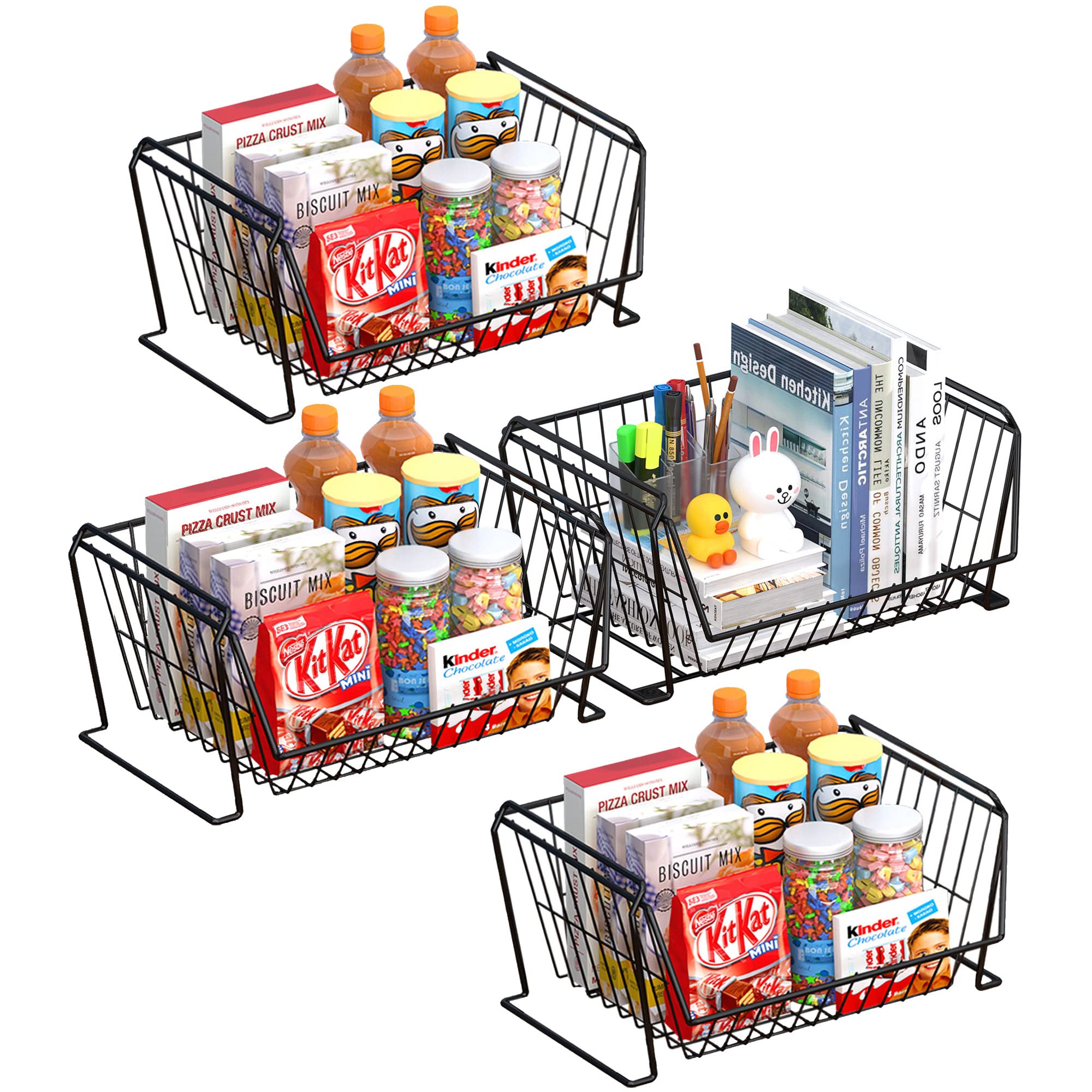 PUSDON 4-Tier Stackable Metal Storage Baskets - Rustproof Kitchen Organizer for Fruits, Vegetables, Pantry & Office Supplies - Space Saving Shelf for Home, Kitchen & Office Organization (Black)