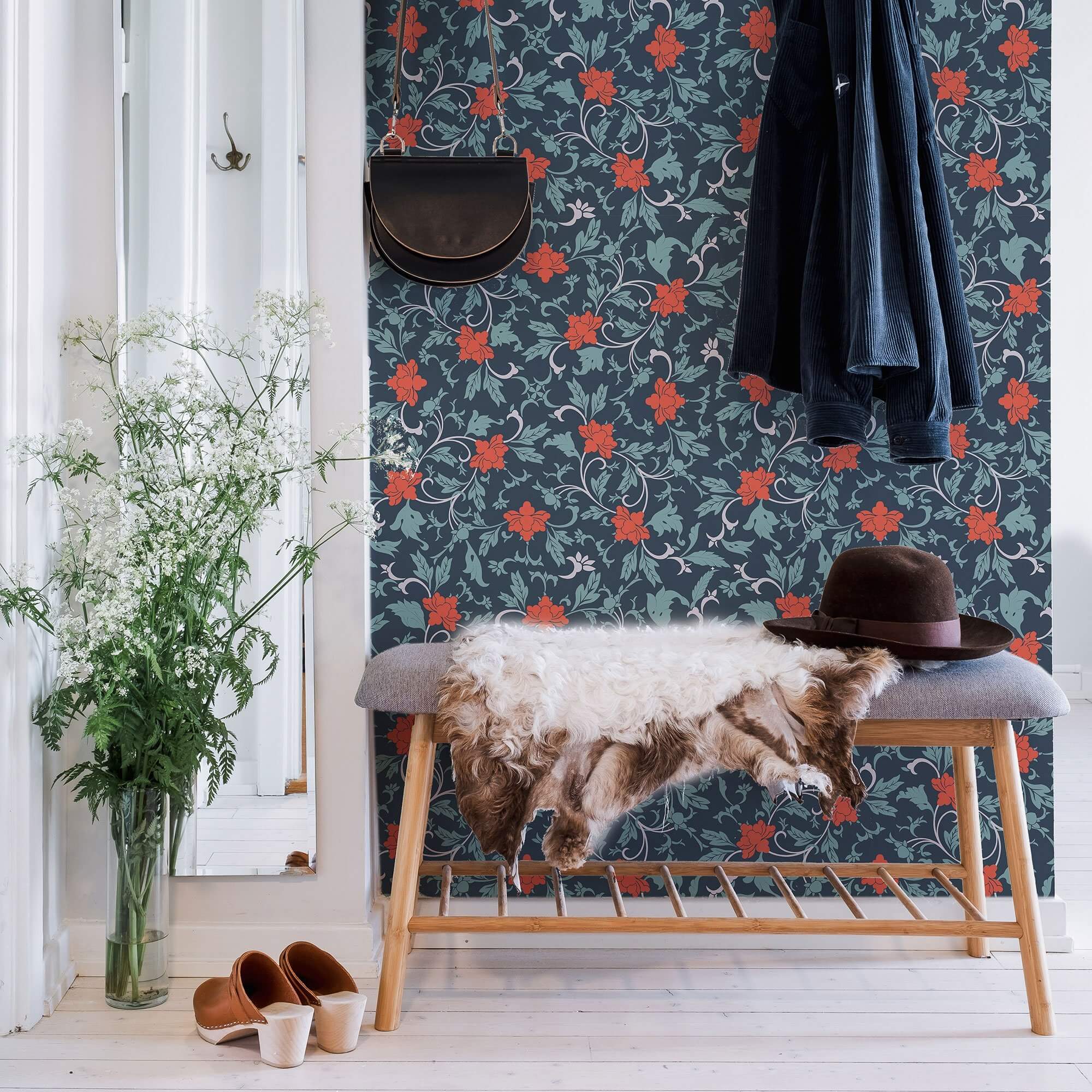 Dark Blue Baroque Floral Peel and Stick Removable Wallpaper - Self-Adhesive Decorative Wall Covering for Bedroom, Living Room, Office & Home Decor