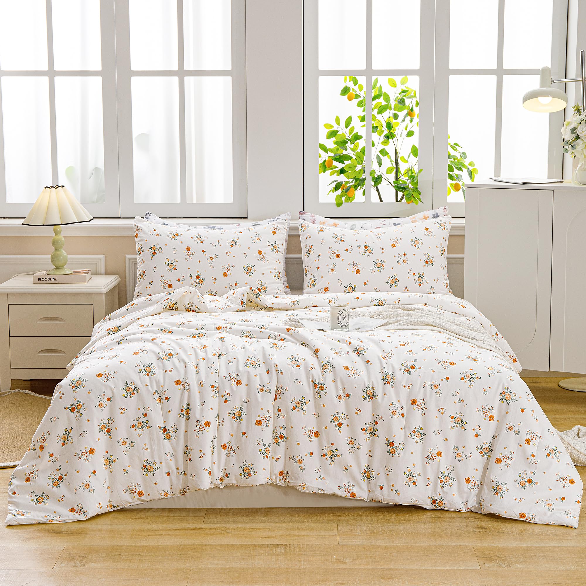 ATsense Queen Comforter Set - 3 Piece White Floral Botanical Bedding | All Season Soft Cotton Comforter with 2 Pillowcases | Perfect for Master Bedroom, Guest Room & Cozy Home Decor
