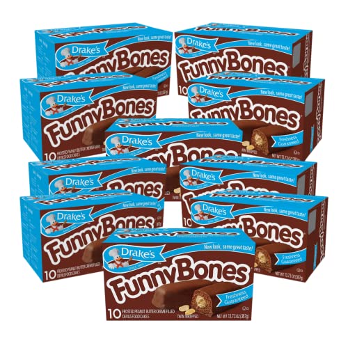 Drakes Funny Bones Snack Cakes - Peanut Butter Filled Devil's Food Cakes (10 Count Box, 13.73oz) - Perfect for Lunchboxes, Office Snacks & Halloween Treats