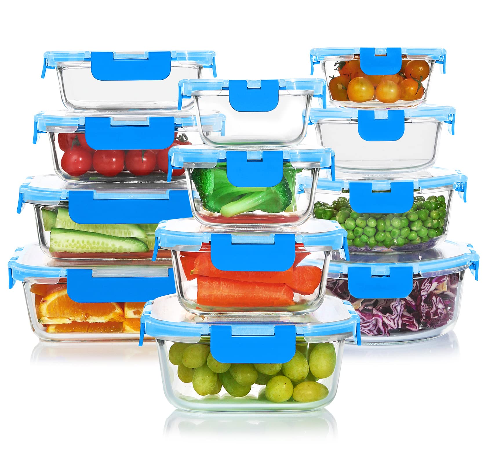 24-Piece Glass Food Storage Containers Set - Airtight, Stackable Meal Prep Containers with Lids | Freezer, Microwave & Oven Safe | BPA-Free | Perfect for Meal Prepping, Leftovers & Kitchen Organization (Blue)