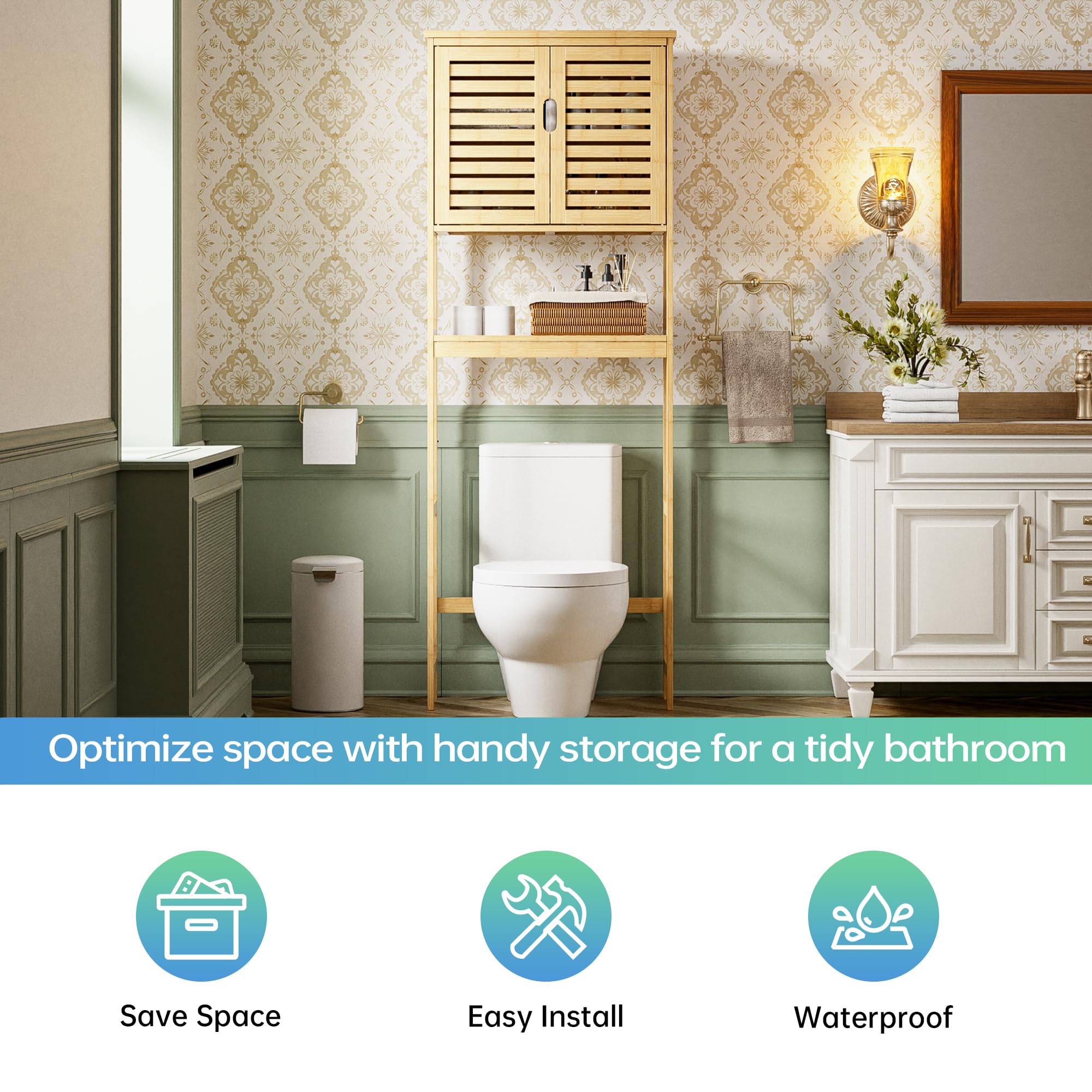 SMIBUY Over The Toilet Storage Cabinet - 2 Door Bamboo Bathroom Organizer with Adjustable Shelves | Freestanding Space Saver Toilet Rack for Small Bathrooms | Perfect for Towels, Toiletries & Bathroom Essentials (Natural)