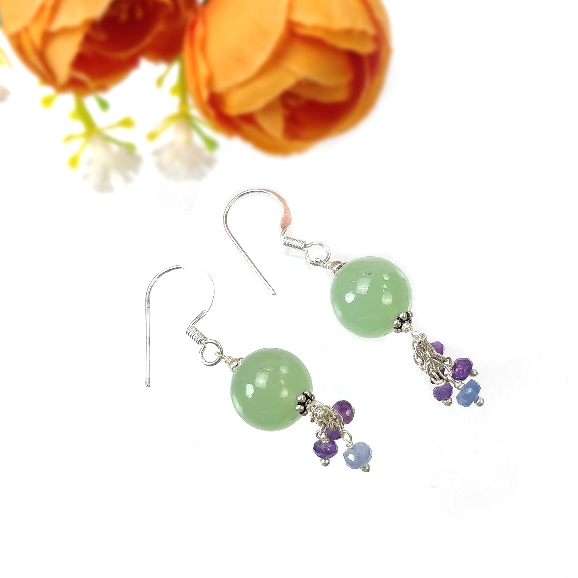 925 Sterling Silver Serpentine Blue Pink Sapphire Gemstone Beaded Drop Dangle Hook Earrings - 6.37gms Natural Stone Jewelry for Women, Gift for Her, Perfect for Parties, Weddings & Special Occasions