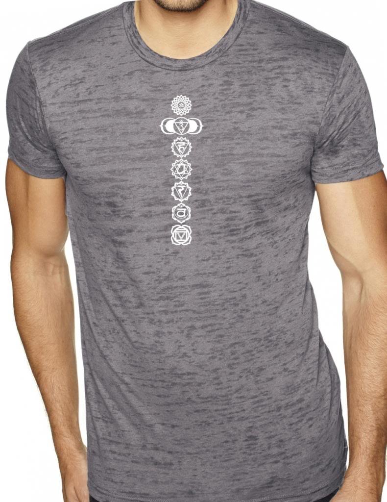 Men's White 7 Chakras Burnout Yoga Tee Shirt - Breathable Workout Top for Yoga, Meditation & Spiritual Practice