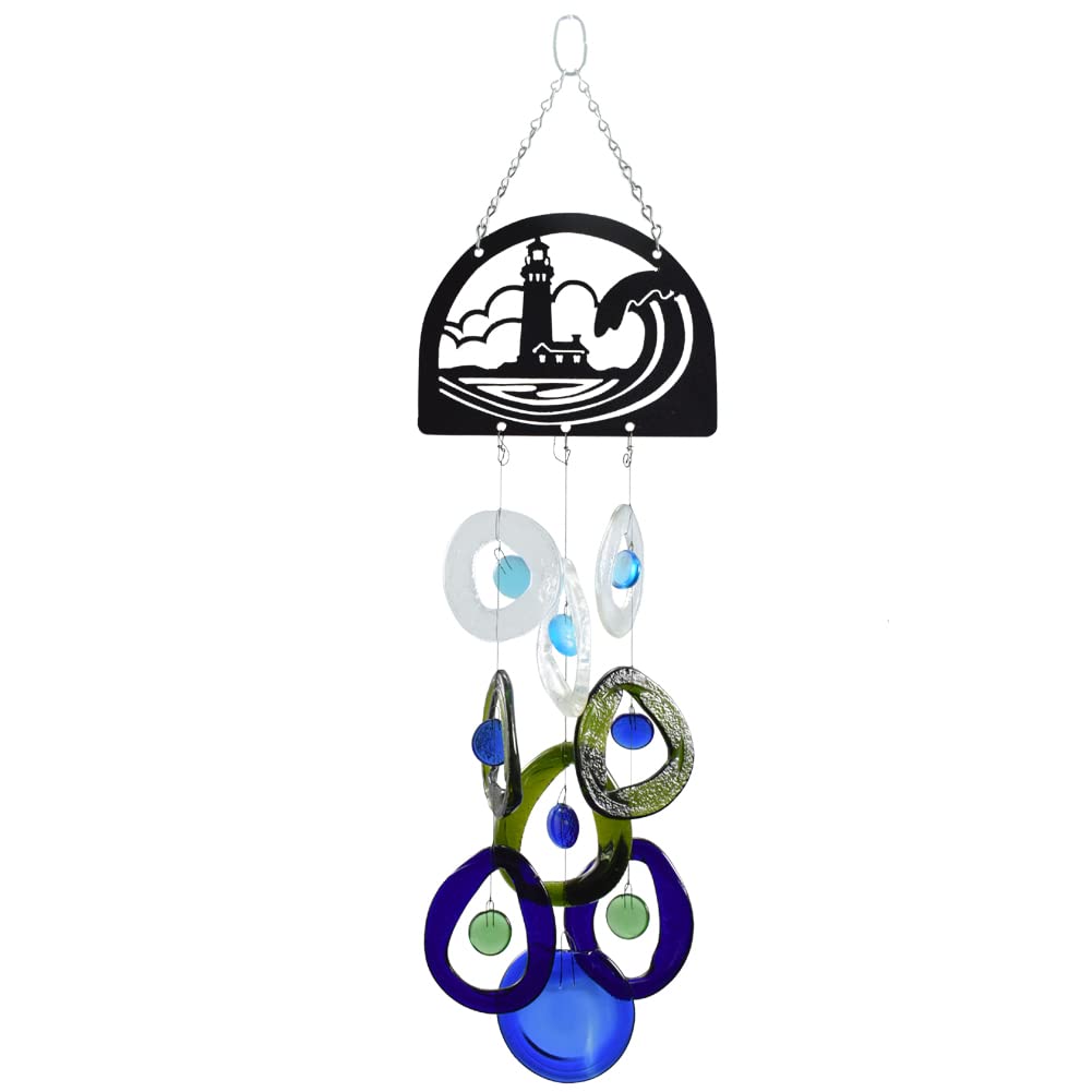 Eco-Friendly Recycled Glass Bottle Wind Chime with Nautical Lighthouse Design - Perfect for Coastal Home Decor and Outdoor Garden Ambiance