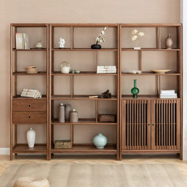 Solid Black Walnut & Ash Wood Bookshelf - Modern Bookcase with Display Cabinet & Wall Shelf for Living Room, Office & Library Storage
