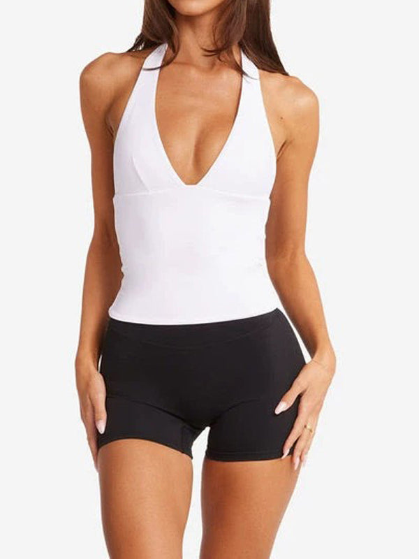 ZASUWA Women's Solid Color V-Neck Halter Backless Tank Top with Chest Pads - Quick Dry Workout Shirt for Yoga, Running & Summer Outdoor Activities