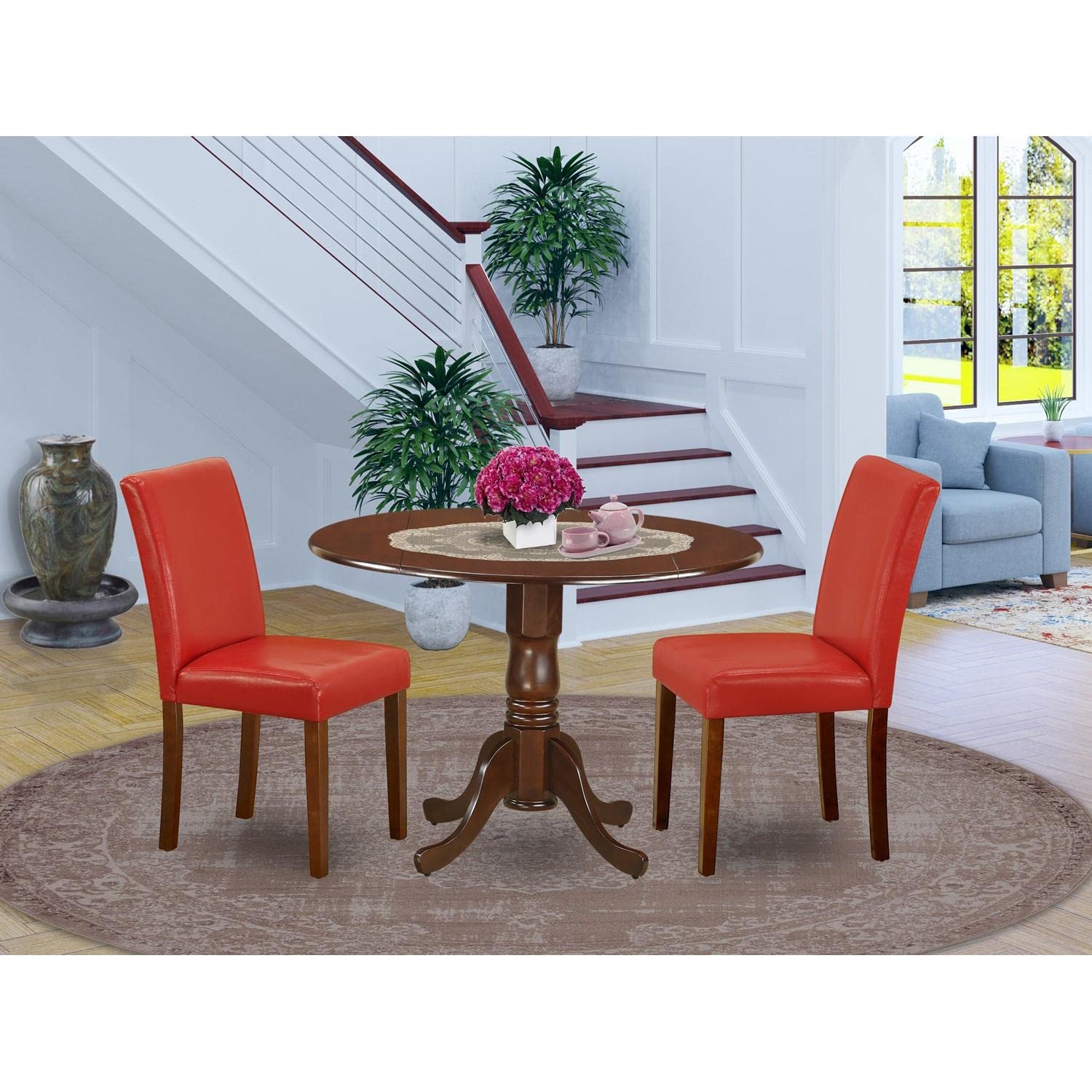 East West Furniture DLAB3-MAH-72 3-Piece Round Kitchen Dining Table Set with Drop Leaf & 2 Faux Leather Chairs - 42x42 Inch, Mahogany Finish - Perfect for Small Spaces, Breakfast Nooks & Cozy Apartments