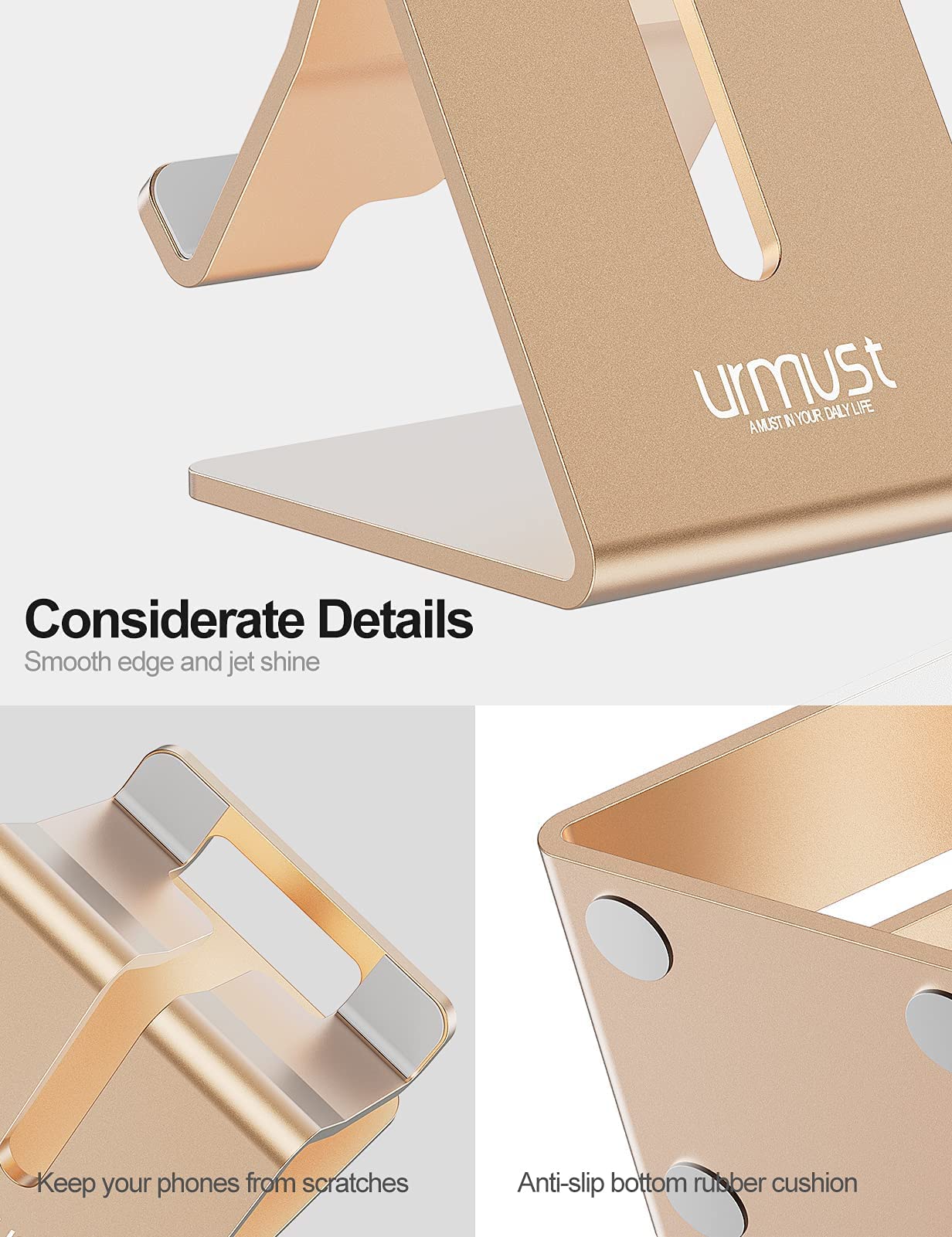 Urmust Adjustable Gold Phone Stand - Universal Smartphone Holder for Desk, Table, Bed & Car Use - Perfect for Watching Videos, Video Calls & Hands-Free Viewing