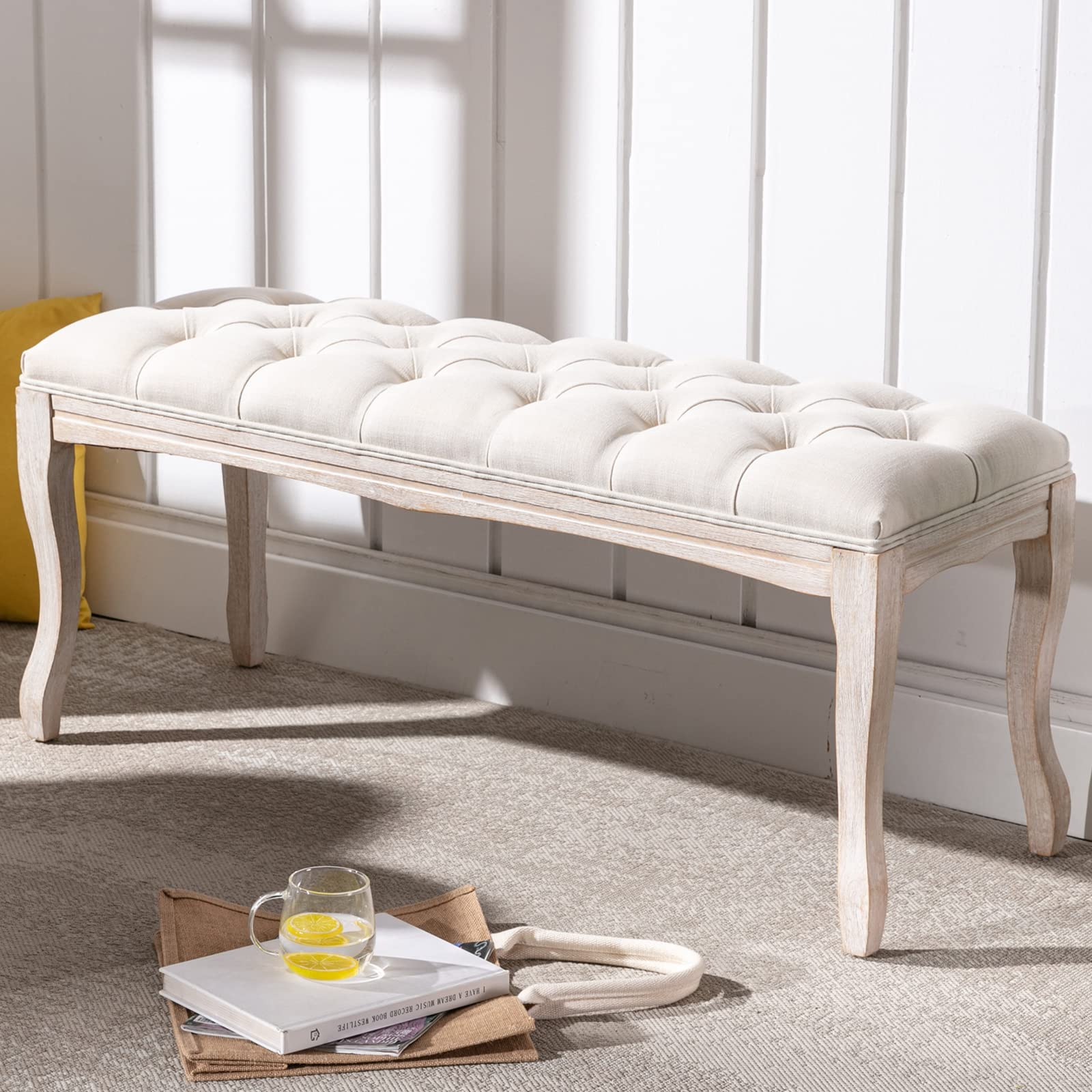 Janoray Farmhouse Upholstered Tufted Bench with Wooden Legs - Entryway Ottoman for Hallway, Bedroom, Living Room & Dining Room - Beige Fabric Seat - Perfect for Bed End, Window Nook & Coffee Table Decor