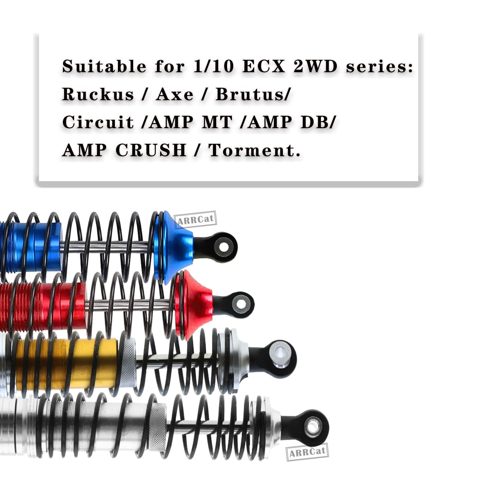 Upgraded 4PCS Front & Rear Aluminum Big Bore Shocks for ECX 1/10 2WD Ruckus Axe Brutus Circuit AMP MT AMP DB AMP Crush K&N Torment - Full Metal Dampers & Hops Up Absorbers (Gold) - Perfect for Off-Road RC Racing & Performance Tuning