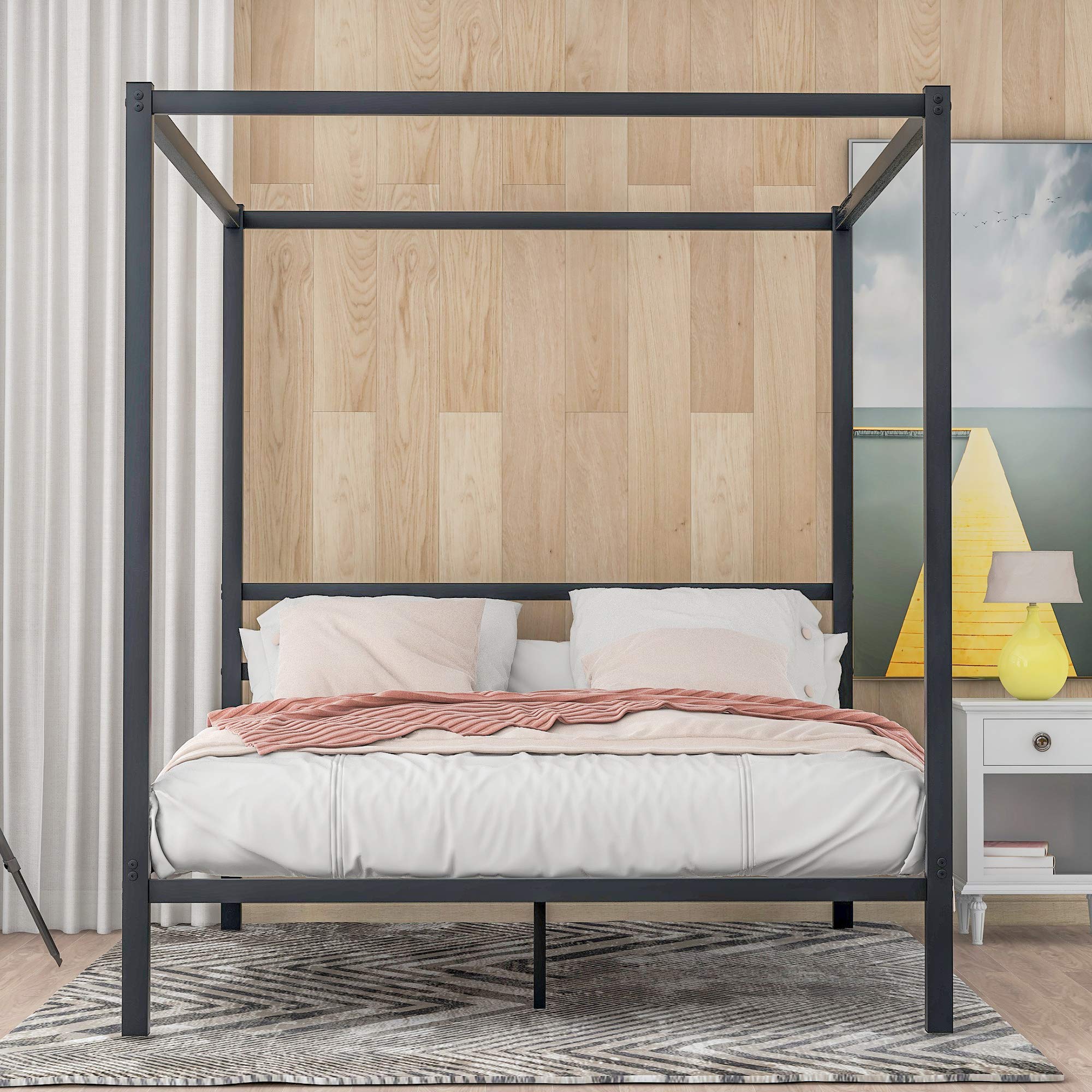 Elegant Black Metal Canopy Platform Bed Frame - Queen Size with Built-in Headboard, 500lbs Weight Capacity, No Box Spring Needed, Easy Assembly | Perfect for Modern Bedrooms, Guest Rooms & Dormitories
