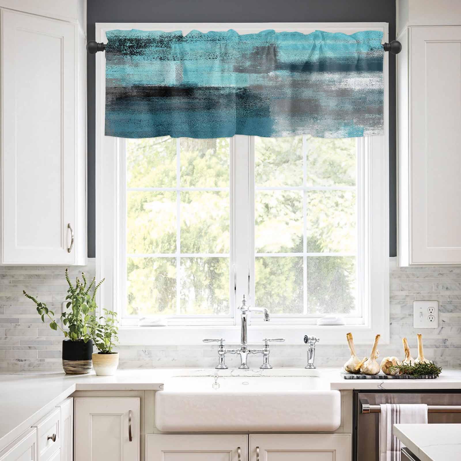 Abstract Graffiti Valance - Turquoise & Grey Art Window Treatment for Farmhouse & Bedroom Decor
