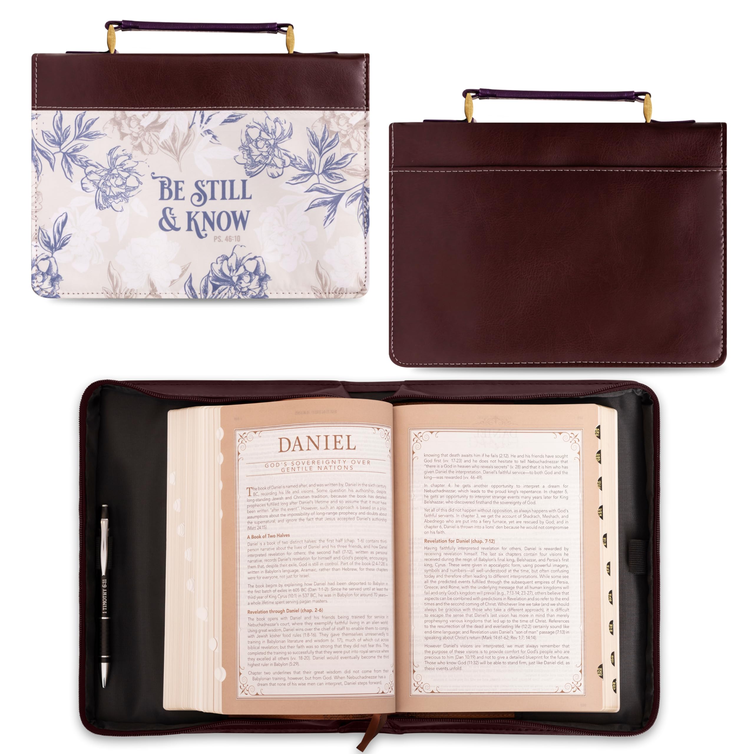 Christian Art Gifts Faux Leather Fashion Bible Cover - Be Still and Know - Psalm 46:10 Inspirational Bible Verse, Neutral Floral Design, Burgundy Color, Medium Size - Perfect for Church, Bible Study & Daily Devotion