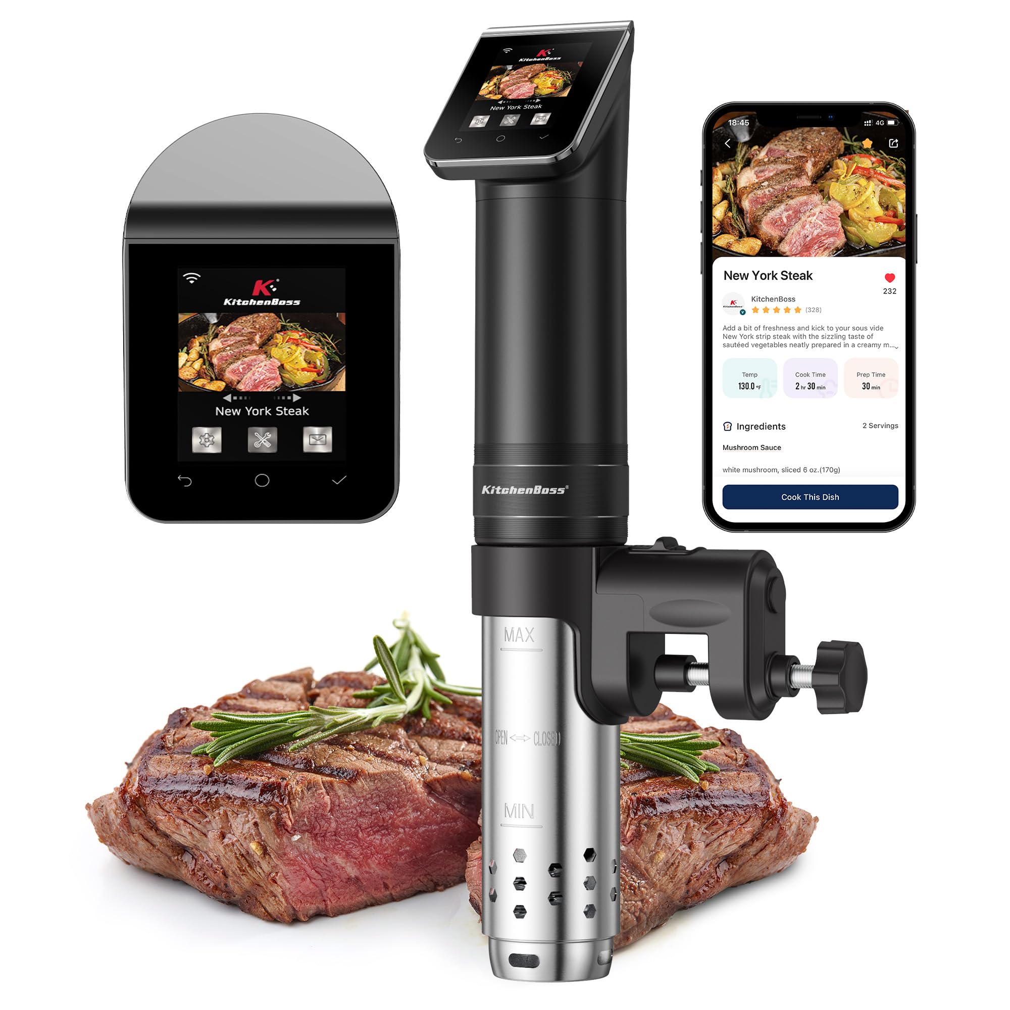 KitchenBoss WIFI Sous Vide Cooker - 1100W Ultra-Quiet Immersion Circulator with TFT Preset Recipes | Stainless Steel Precision Cooker for Steak, Chicken, Fish | Perfect for Home Chefs & Restaurant-Quality Meals