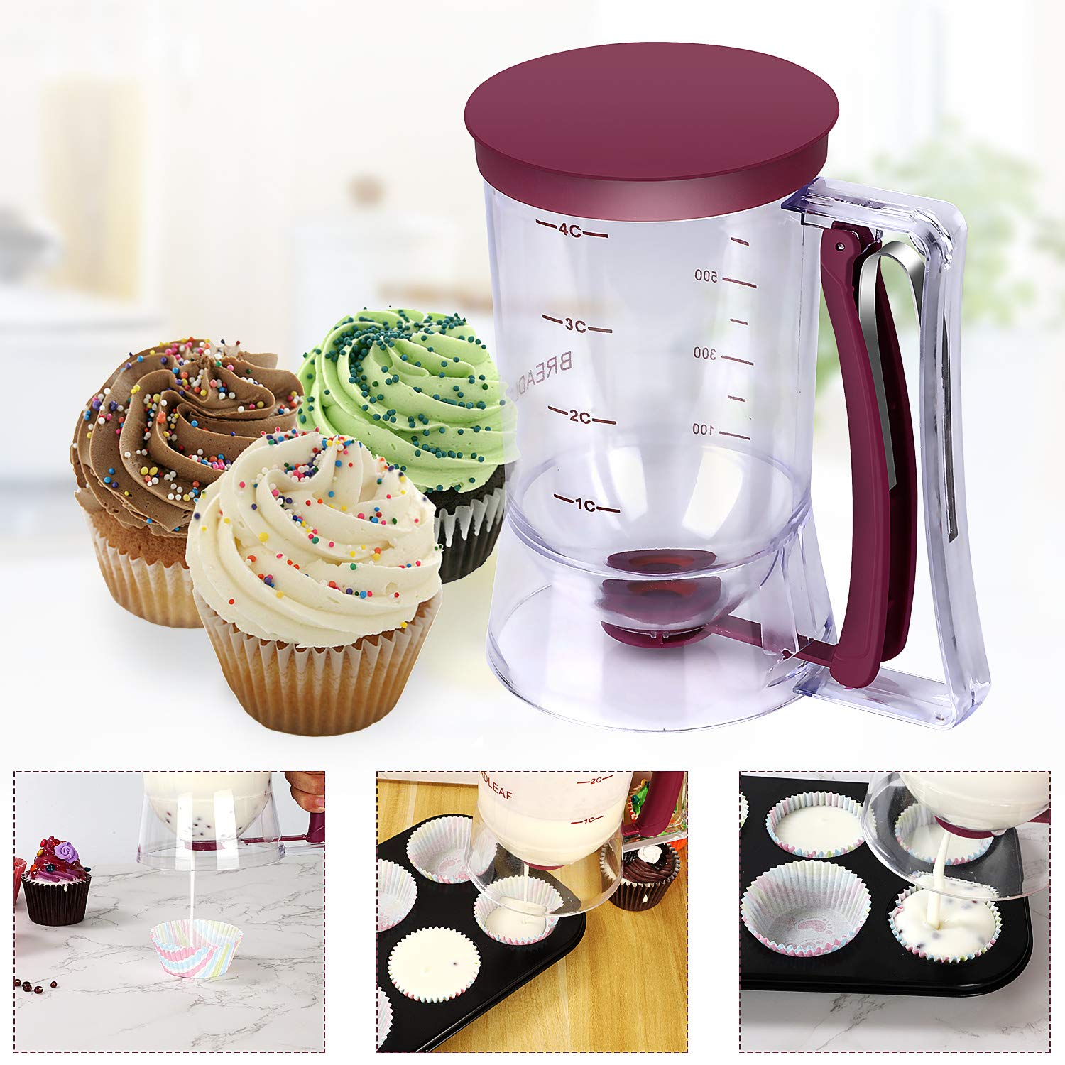 **Purple Batter Dispenser for Cupcakes, Pancakes, Waffles & Cookies - Precise Measuring Cup & Cream Separator - Essential Baking Tool for Home & Professional Bakers (Ideal for Parties, Breakfast & Dessert Making)**