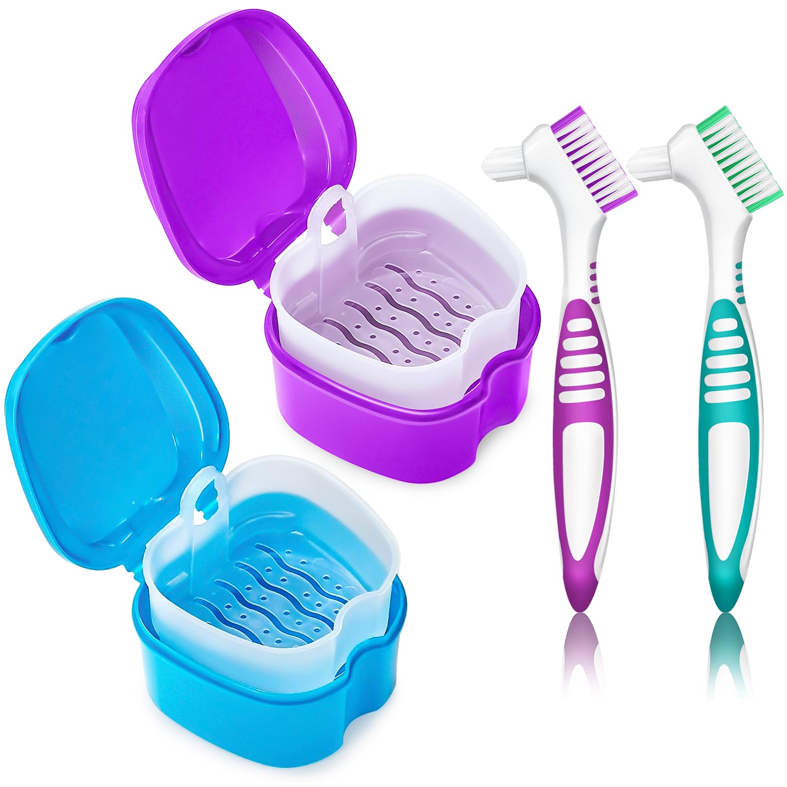 2 Pack Denture Cup with Strainer Basket - Purple and Blue | Denture Bath Holder, Retainer Cleaner Case, False Teeth Container | Perfect for Travel, Home & Daily Dental Care