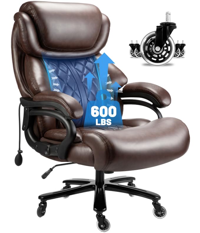 Big and Tall Office Chair 600lbs Capacity - Heavy Duty Executive Computer Chair with Adjustable Lumbar Support & Silent Wheels - Large Ergonomic Desk Chair for Home Office - Perfect for Big & Tall Professionals (Brown) - Ideal for Long Work Hours & Heavy Duty Use