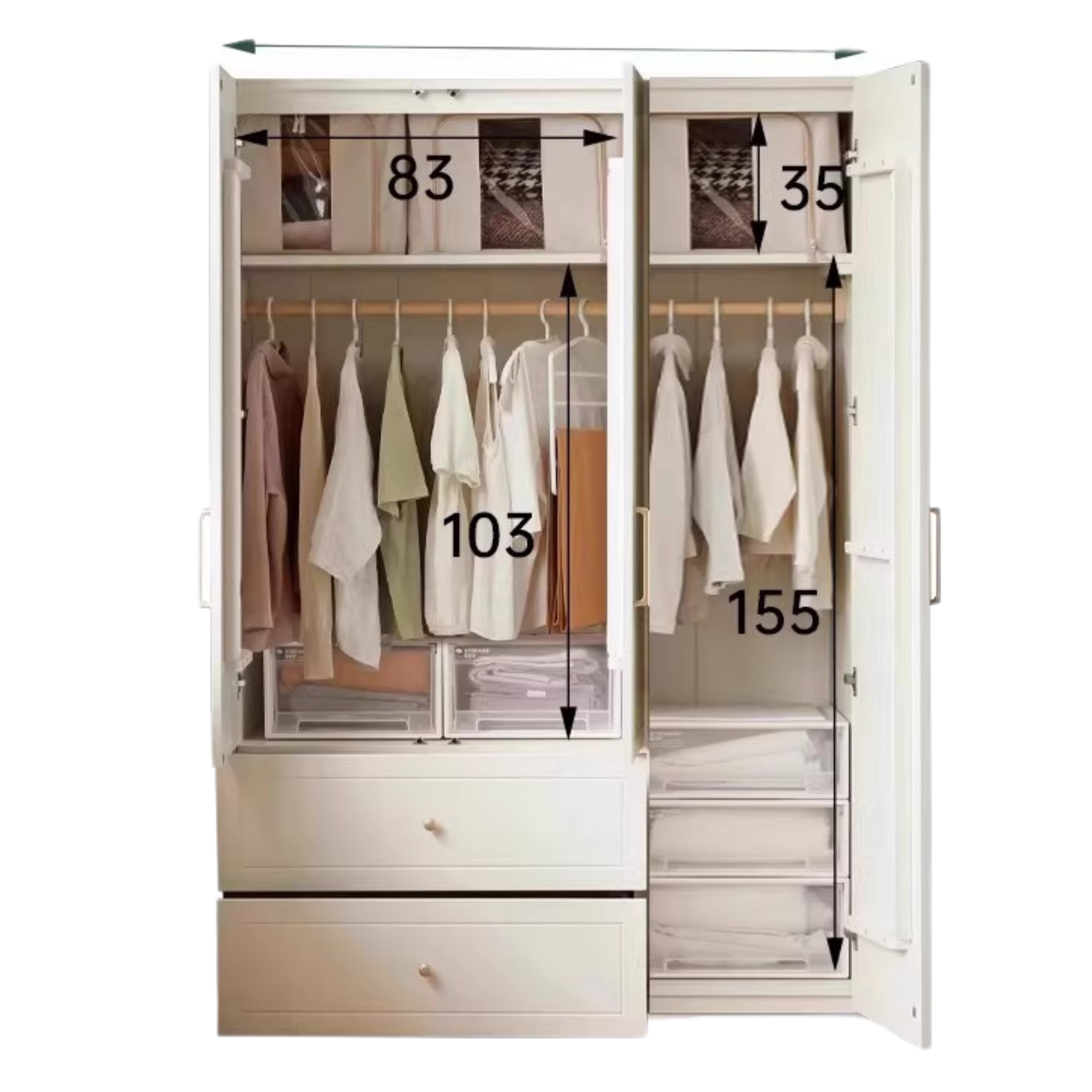 53.2x23.2x78.7 inch / 135x59x200сm / Warm white / 1.35-meter three door wardrobe drawer style