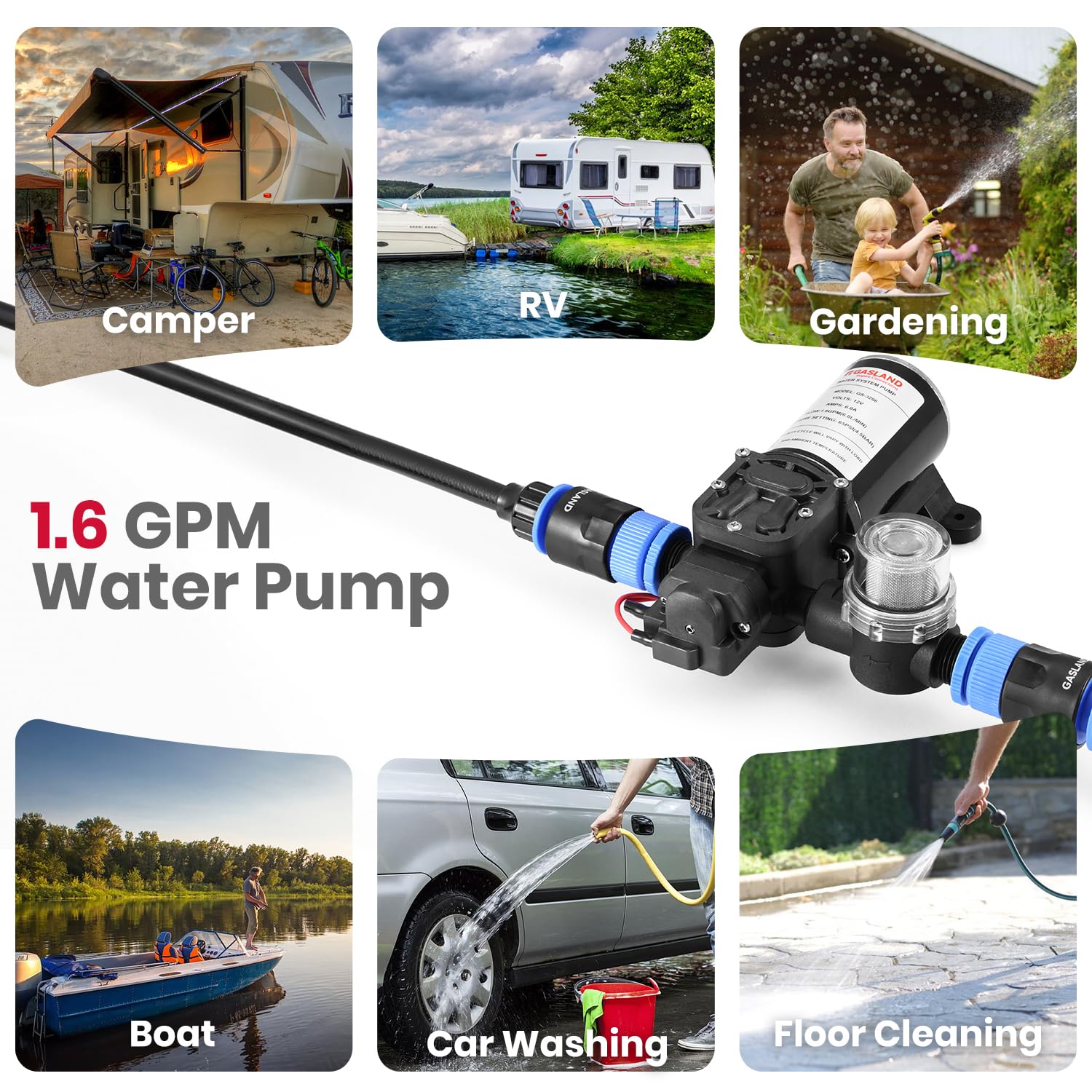 GASLAND 12V Water Pump Kit - 1.6 GPM Camper Water Pressure Pump with Pressure Switch, 65 PSI Self Priming Diaphragm Pump for RV, Boat, Marine, Kitchen, Bathroom & Hot Water Systems - Perfect for Off-Grid Camping, Boating & RV Living