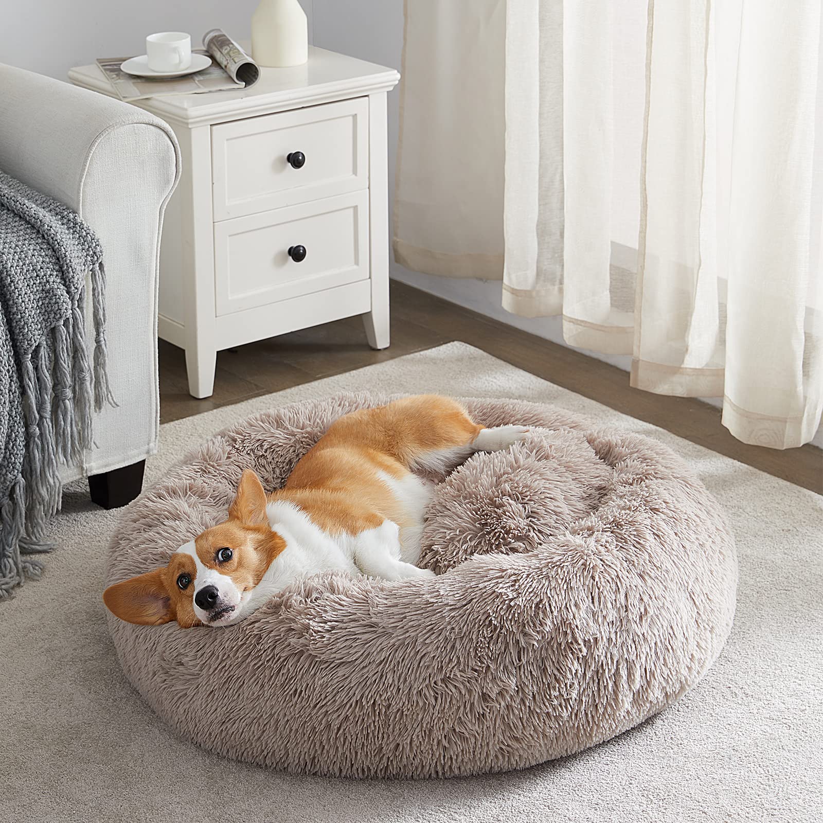 WNPETHOME Self-Warming Donut Pet Bed for Dogs & Cats - 30 x 30 x 10 Inch Plush Round Faux Fur Cuddler Bed, Calming Comfort for Anxious Pets (Brown) - Perfect for Crate Training, Lounging & Stress Relief