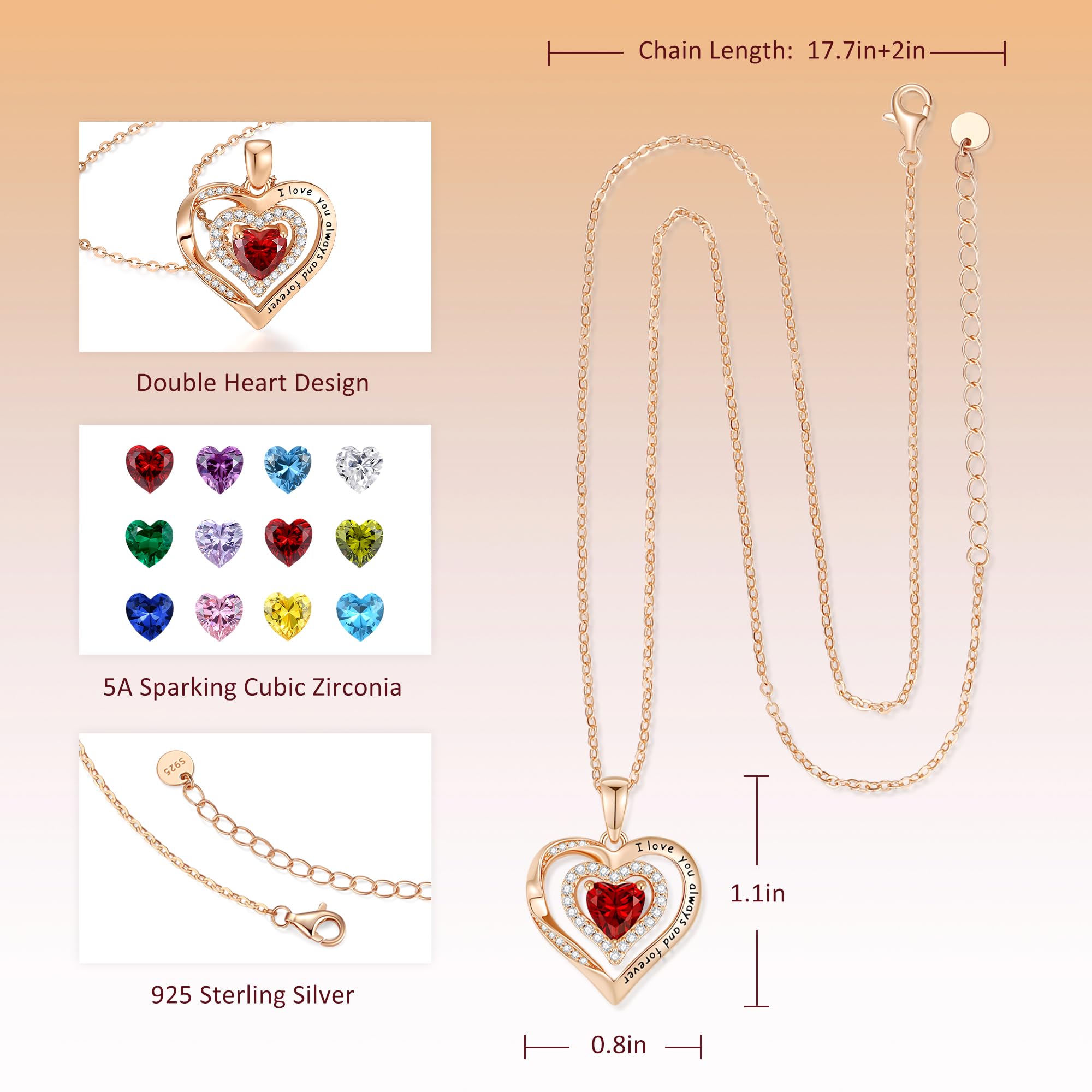 Rose Gold Heart Birthstone Necklace for Women - S925 Sterling Silver Pendant Jewelry, I Love You Always & Forever Gift for Wife, Girlfriend, Mom - Perfect for Anniversary, Birthday, Valentine's Day & Special Occasions