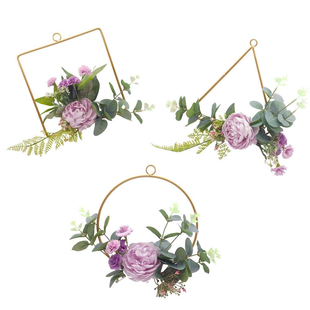 ZJCilected Floral Hoop Wreath Set of 3 - Champagne Geometric Wire Frames with Artificial Rose Flowers for Wedding Backdrop, Wall Decor, Home & Party Decoration - Round, Triangle & Square Hoop Designs