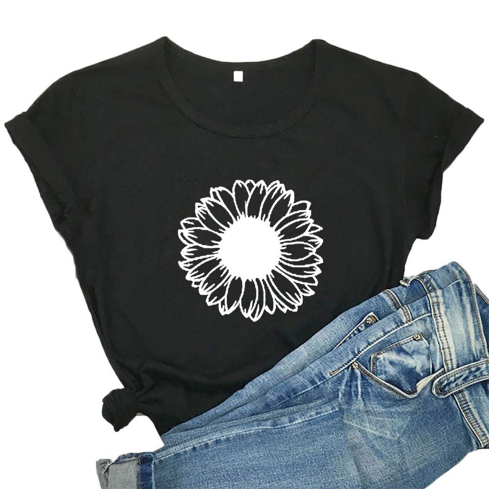 Women's Sunflower Graphic T-Shirt - Cute Black & White Cotton Tee for Casual Wear, Summer Outfits, and Street Style