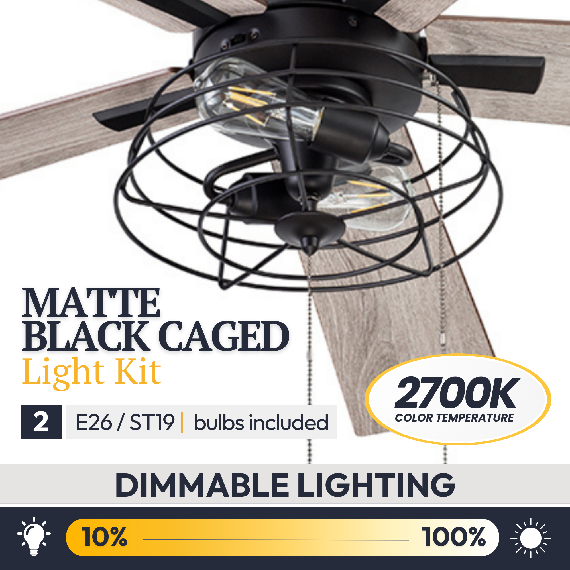 52 Inch Matte Black Ceiling Fan with Pull Chain - Marshall Style - Perfect for Living Room, Bedroom, and Outdoor Patio