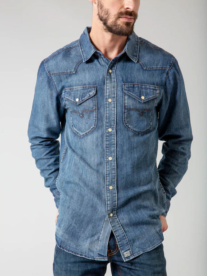 Kimes Ranch GRIMES Men's Long Sleeve Snap Button Denim Shirt - Dark Indigo Western Shirt for Casual Wear, Rodeo & Outdoor Activities