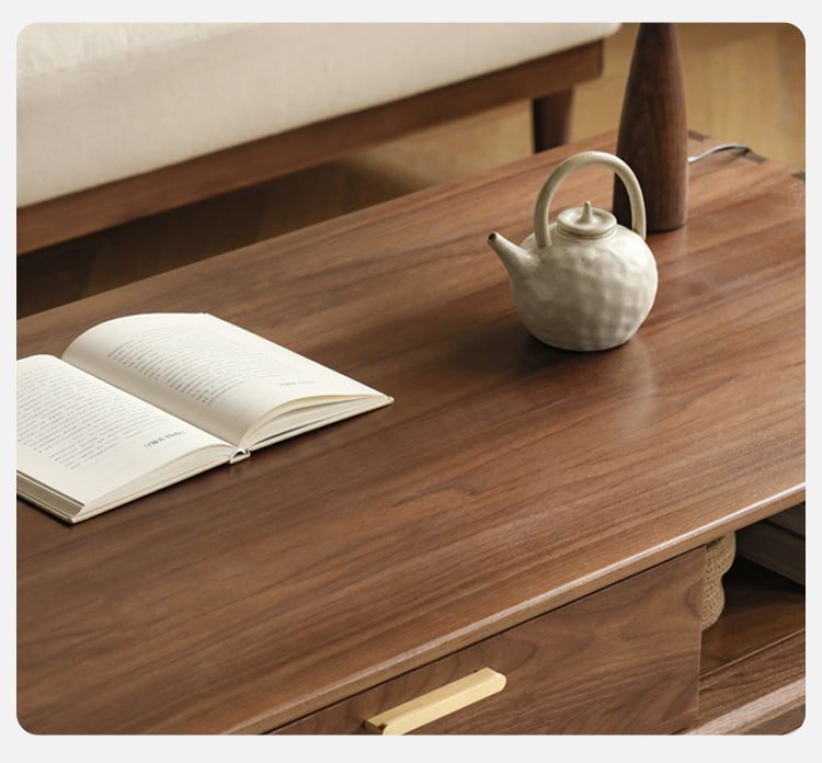 Solid Black Walnut Wood Storage Coffee Table with Rock Plate - Rustic Living Room Furniture for Home Decor & Organization