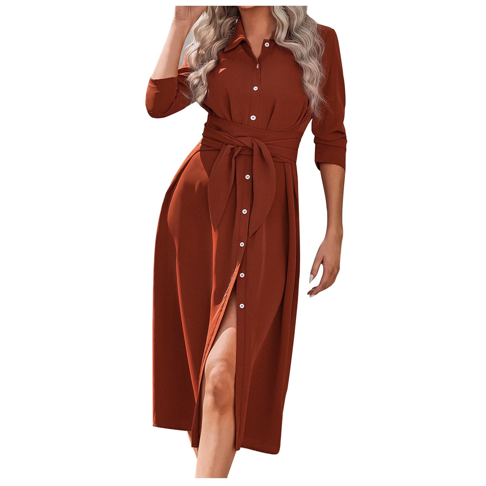 Women's Elegant Long Sleeve Button Down Midi Dress with V-Neck Collar & Waist Belt - Office Work, Party & Formal Occasion Wear