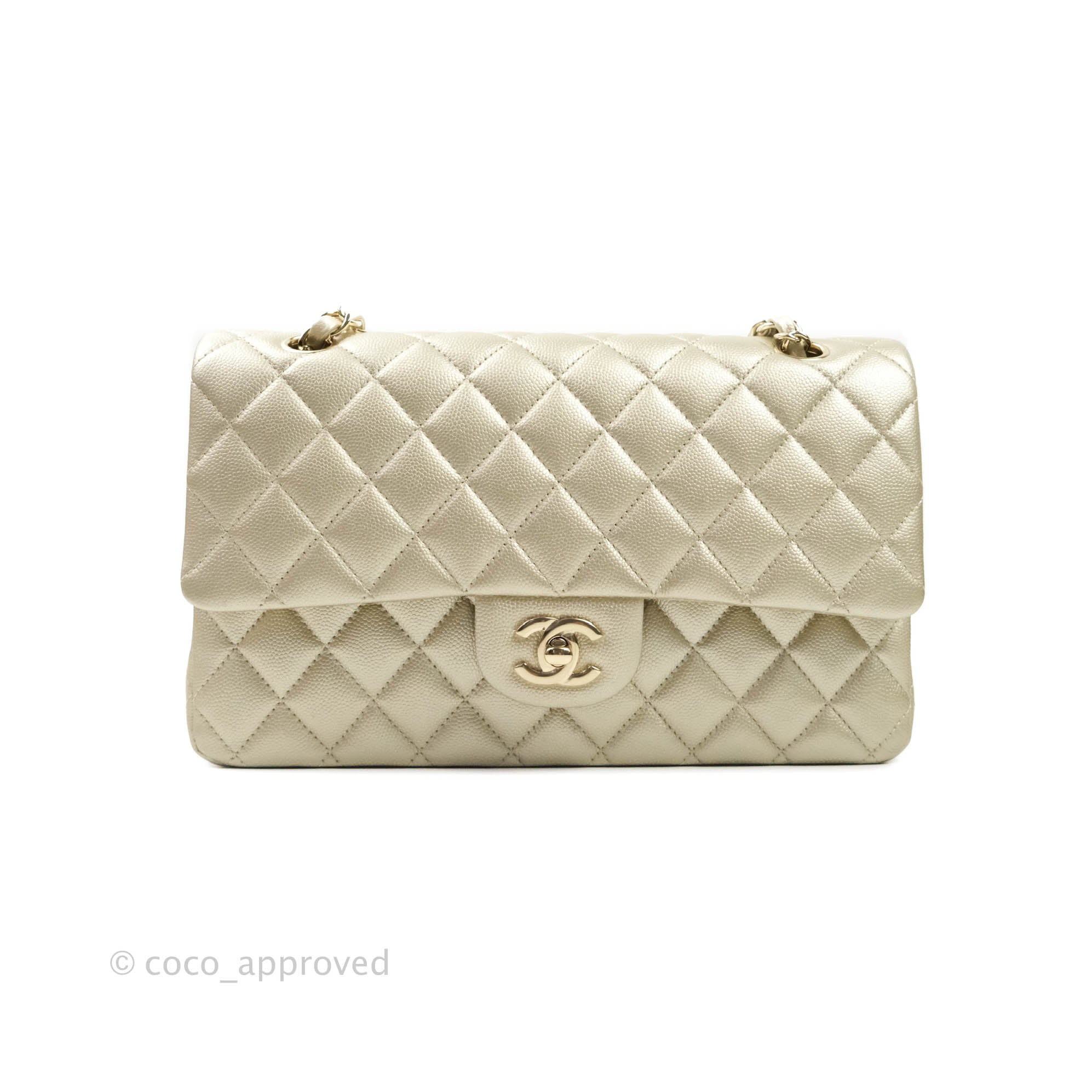 Chanel Classic Medium Double Flap Bag in Light Gold Caviar Leather with Gold Hardware | Luxury Designer Handbag for Women | Perfect for Work, Evening Events & Special Occasions