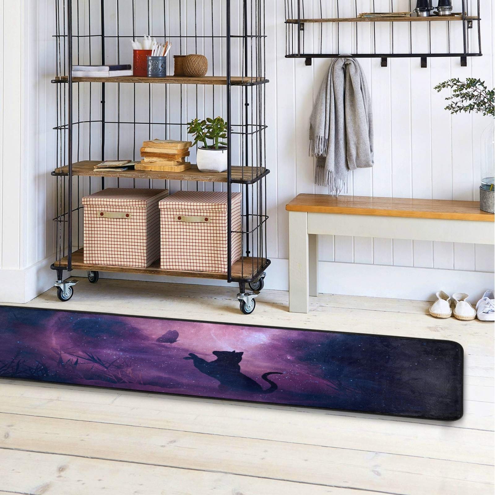 Non-Slip Cat Butterfly Starry Sky Galaxy Runner Rug 2' x 6' - Soft Kitchen Bathroom Carpet, Hallway Entry Doormat for Home Decor & Pet-Friendly Spaces