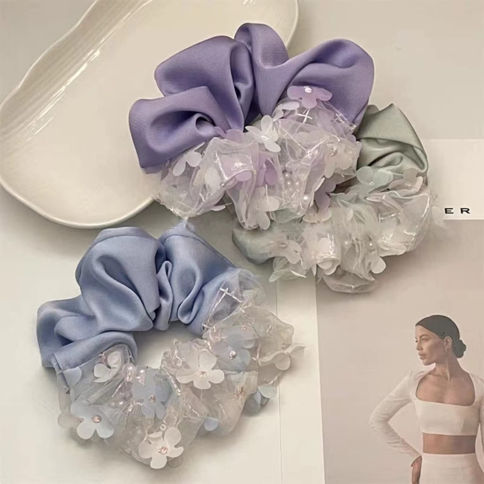 3 Pack Silk Scrunchies for Women - Pearl Flower Hair Ties, Thick Elastic Hair Bands for Ponytails, Buns & Braids (Perfect for Summer, Weddings & Everyday Use)